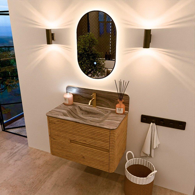 Mondiaz CIRO-DLUX Meuble de salle de bains - 80x45x50cm - Plan-vasque solid surface Sombra - 1 vasque centrale - 1 trou de robinetterie - 2 tiroirs - Chêne