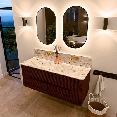 Mondiaz CIRO-DLUX Ensemble de meubles de salle de bains - 130x45x50cm - Plan vasque solid surface Glace - 2 vasques double - sans trous de robinetterie - 4 tiroirs - Ruby