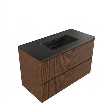 Saniclass Holz Atelier Ensemble de meubles de salle de bains - 100x45x62cm - Vasque Vygo en céramique noire - 1 vasque - sans trou de robinetterie - 2 tiroirs - walnut pure mat (bois)