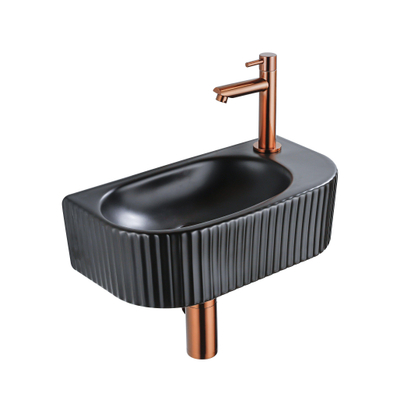 QeramiQ Fuente Ensemble de lavabo - 40x21.5x12cm - droite - nervuré - demi-rond - 1 trou de robinet - céramique - robinet de lavabo cuivre brossé - bonde de vidage - siphon abaissé - noir mat