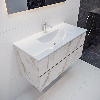 Mondiaz VICA ensemble de meuble de salle de bain - 100cm - meuble sous-vasque carrara - 2 tiroirs - lavabo denia milieu - 1 trou de robinet - miroir LED - version XL 60cm haut