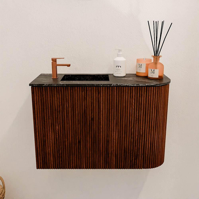 Mondiaz JOYA-DLUX 61.6cm toiletmeubel - ronding rechts kleur Ruby - Wastafel FAYE positie Links 1 kraangat kleur Lava.
