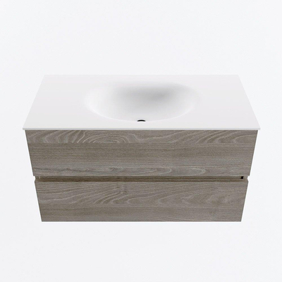 Mondiaz VICA ensemble de meuble de salle de bain - 90cm - meuble sous-vasque marron clair gris - 2 tiroirs - lavabo lune milieu - sans trous de robinet - version haute 60cm - talc