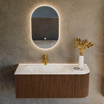 MONDIAZ KURVE-DLUX Meuble de salle de bains 115cm avec module 25 R couleur Walnut avec 1 tiroir et 1 porte. Lavabo BIG SMALL gauche 1 trou de robinet couleur Ostra.