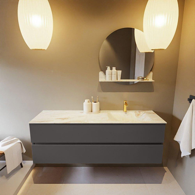 Mondiaz VICA-DLUX ensemble de meuble de salle de bain - 150cm - meuble sous-vasque gris foncé - 2 tiroirs - lavabo encastré cloud droite - 1 trou de robinet - version haute de 60cm - frape