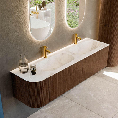 MONDIAZ KURVE-DLUX 165cm badmeubel met module 25 L kleur Walnut met 2 lades en 1 deur. Wastafel STOR SMALL dubbel / rechts 2 kraangaten kleur Frappe.