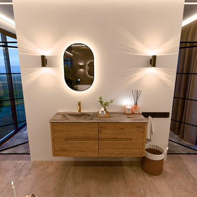 Mondiaz CIRO-DLUX Meuble de salle de bains complet - 130x45x50cm - Plan vasque solid surface Sombra - 1 lavabo à gauche - 1 trou de robinet - 4 tiroirs - Chêne