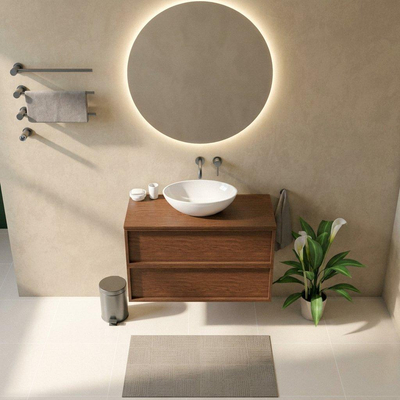 Saniclass Holz Frame Ensemble de meubles de salle de bains - 100x45x62cm - plan de travail en bois - sans trou de robinet - 2 tiroirs - walnut pure mat (bois)