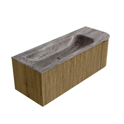 MONDIAZ KURVE-DLUX 125cm meuble de salle de bains courbure droite couleur Dusk avec 1 tiroir et 1 porte. Lavabo BIG MEDIUM gauche sans trou de robinet Oza.