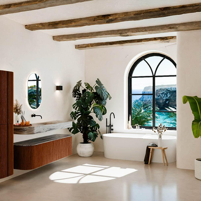 MONDIAZ THOR-DLUX 160cm meuble de salle de bains arrondi gauche + droite couleur Ruby avec 1 tiroir et 2 portes. Vasque suspendue CLOUD Milieu sans trou de robinet couleur Sombra.