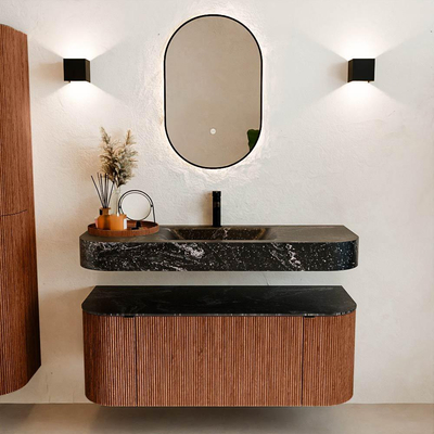 MONDIAZ THOR-DLUX 120cm badmeubel ronding links + rechts kleur Ruby met 1 lade en 2 deuren. Vrijhangende wastafel CLOUD Midden 1 kraangat kleur Lava.