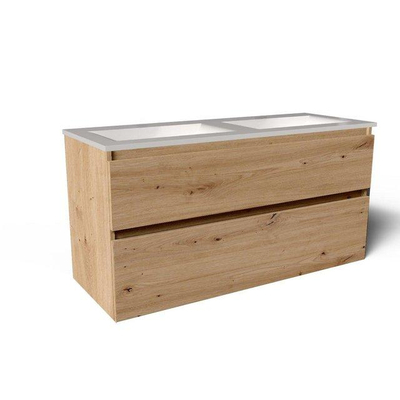 Saniclass Vita Meuble de salle de bain - 120x60x46cm - 2 tiroirs - sans poignée - 2 vasques - sans trous de robinet - trop-plein - céramique - chêne rustique