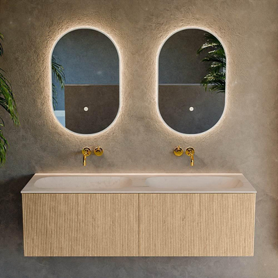 MONDIAZ KURVE-DLUX Meuble de salle de bains 140cm couleur Oak avec 2 tiroirs et 0 portes. Lavabo STOR SMALL Double sans trou de robinet Meli.