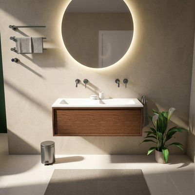 Saniclass Holz Frame Ensemble meuble de salle de bains - 120x45x57.5cm - lavabo Torino en solid surface blanc - sans trou de robinet - 1 tiroir - walnut pure mat (bois)