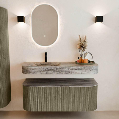 MONDIAZ THOR-DLUX 120cm meuble de salle de bains arrondi gauche + droite couleur Shadow avec 1 tiroir et 2 portes. Vasque suspendue CLOUD Gauche 1 trou de robinet couleur Oza.