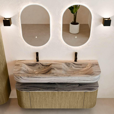 MONDIAZ THOR-DLUX 140cm meuble de salle de bains arrondi gauche + droite couleur Dusk avec 1 tiroir et 2 portes. Vasque suspendue CLOUD Double 2 trous de robinet couleur Sombra.