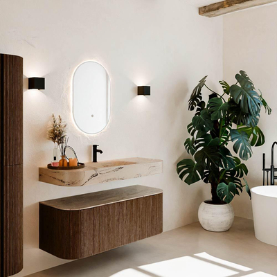 MONDIAZ THOR-DLUX 120cm badmeubel ronding links + rechts kleur Walnut met 1 lade en 2 deuren. Vrijhangende wastafel CLOUD Midden 1 kraangat kleur Arena.
