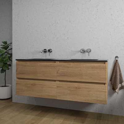Saniclass Chaci Ensemble meuble de salle de bains - 140x46x55cm - lavabo en céramique noir - 2 vasques - sans trous de robinet - 4 tiroirs - chêne