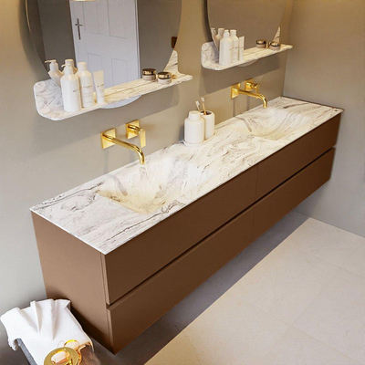 Mondiaz VICA-DLUX ensemble de meuble de salle de bain - 200cm - meuble sous-vasque reposant - 4 tiroirs - lavabo encastré cloud double - sans trous de robinet - version haute de 60cm - glace