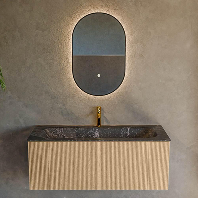 MONDIAZ KURVE-DLUX meuble de salle de bains 110 cm couleur Oak avec 1 tiroir. Lavabo BIG MEDIUM central 1 trou de robinet couleur Lava.