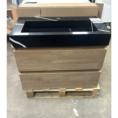 BRAUER Joy wastafelonderkast 80 met coral composiet blad 2 softclose lades - greeploos - 1 sifon uitsparing - massief eiken - vingerlas eiken grijs - showroommodel-OUTLET UDEN