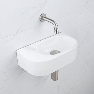 QeramiQ Fuente fonteinset – halfrond – 40x21.5x12 cm – keramiek wit mat – zonder kraangat – kraan geborsteld RVS