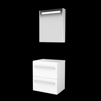 Basic-Line Premium 46 ensemble de meubles de salle de bain 60x46cm avec poignées 2 tiroirs plan vasque armoire de toilette éclairage led intégré mdf laqué blanc glacier