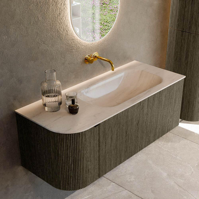 MONDIAZ KURVE-DLUX Meuble de salle de bains 115 cm arrondi à gauche couleur Shadow avec 1 tiroir et 1 porte. Lavabo BIG SMALL à droite sans trou de robinet Meli.