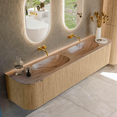 MONDIAZ KURVE-DLUX Meuble de salle de bains 200cm arrondi Gauche + Droite couleur Chêne avec 2 tiroirs et 2 portes. Lavabo STOR SMALL Double sans trou de robinet Arena.