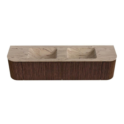 MONDIAZ KURVE-DLUX Meuble de salle de bains 180cm arrondi Gauche + Droite couleur Walnut avec 2 tiroirs et 2 portes. Lavabo LEAF Double sans trou de robinet Arena.