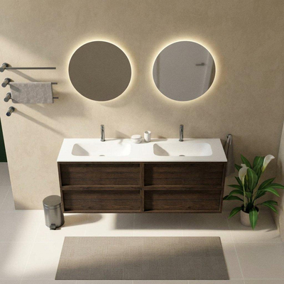 Saniclass Holz Frame Ensemble de meubles de salle de bains - 160x45x61.5cm - Flow lavabo en solid surface blanc - 2 vasques - 2 trous de robinet - 4 tiroirs - chêne charcoal mat (bois)