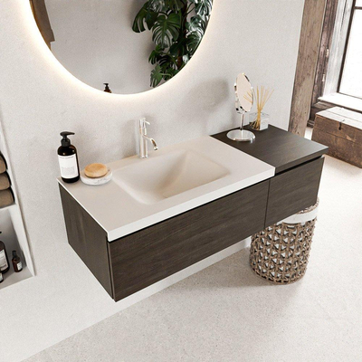 MONDIAZ BUKLA 120cm badmeubel met module 40 kleur Dark Brown met 2 lades. Wastafel CLOUD links 1 kraangat kleur Talc.