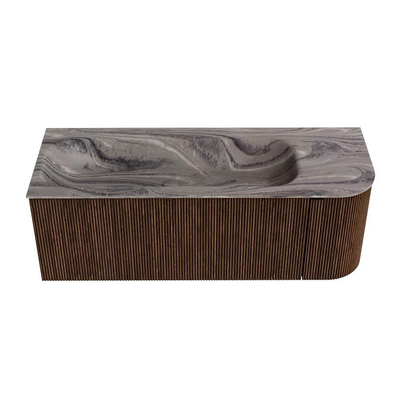 MONDIAZ KURVE-DLUX 125cm badmeubel ronding Rechts kleur Walnut met 1 lade en 1 deur. Wastafel BIG MEDIUM Links zonder kraangat Sombra.