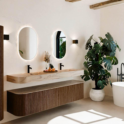 MONDIAZ THOR-DLUX 190cm meuble de salle de bains arrondi gauche + droite couleur Walnut avec 2 tiroirs et 2 portes. Vasque suspendue CLOUD Double 2 trous de robinet couleur Arena.