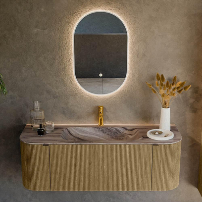 MONDIAZ KURVE-DLUX Meuble de salle de bains 130cm arrondi Gauche + Droite couleur Dusk avec 1 tiroir et 2 portes. Lavabo BIG SMALL Central 1 trou de robinet Sombra.