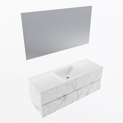 Mondiaz VICA ensemble de meuble de salle de bain - 130cm - meuble sous-vasque carrara - 2 tiroirs - lavabo cloud milieu - 1 trou de robinet - couleur talc - miroir LED - version XL 60cm haut