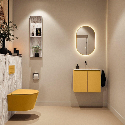 MONDIAZ TURE-DLUX Meuble toilette - 60cm - Ocher - EDEN - vasque Glace - position centrale - sans trou de robinet