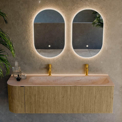 MONDIAZ KURVE-DLUX 145cm badmeubel ronding Links kleur Dusk met 1 lade en 1 deur. Wastafel BIG LARGE Rechts 2 kraangaten Saba.