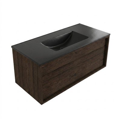 Saniclass Holz Frame Ensemble de meubles de salle de bains - 100x45x42cm - Lavabo Vygo en céramique noir - 1 vasque - sans trou de robinet - 1 tiroir - chêne charcoal mat (bois)