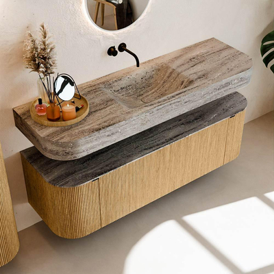 MONDIAZ THOR-DLUX 150cm badmeubel ronding links + rechts kleur Oak met 1 lade en 2 deuren. Vrijhangende wastafel CLOUD Midden zonder kraangat kleur Oza.