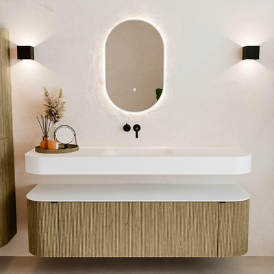 MONDIAZ THOR 160cm meuble de salle de bains arrondi gauche + droite couleur Dusk avec 1 tiroir et 2 portes. Vasque suspendue CLOUD Milieu sans trou de robinet couleur Talc.