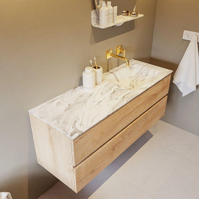 Mondiaz VICA-DLUX ensemble de meuble de salle de bain - 130cm - meuble sous-vasque chêne blanchi - 2 tiroirs - lavabo encastré cloud droite - sans trous de robinet - version haute de 60cm - glace