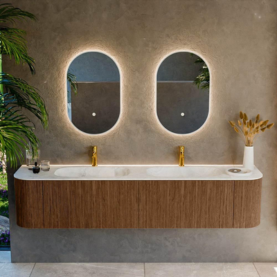 MONDIAZ KURVE-DLUX 200cm Meuble salle de bain avec module 25 G et D - couleur Walnut - 2 tiroirs - 2 portes - vasque STOR SMALL double - 2 trous de robinet - couleur Opalo