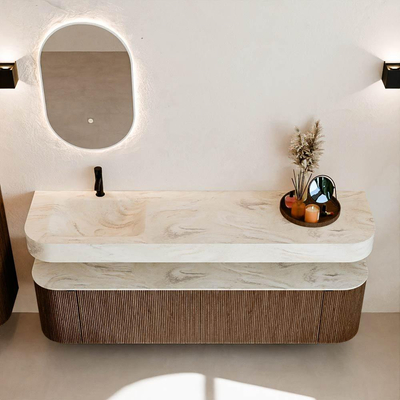 MONDIAZ THOR-DLUX Meuble de salle de bains 180cm arrondi gauche + droite couleur Walnut avec 2 tiroirs et 2 portes. Vasque suspendue CLOUD Gauche 1 trou de robinet couleur Ostra.