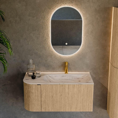 MONDIAZ KURVE-DLUX Meuble de salle de bains 95cm arrondi à gauche couleur Oak avec 1 tiroir et 1 porte. Lavabo BIG SMALL à droite 1 trou de robinet Nata.