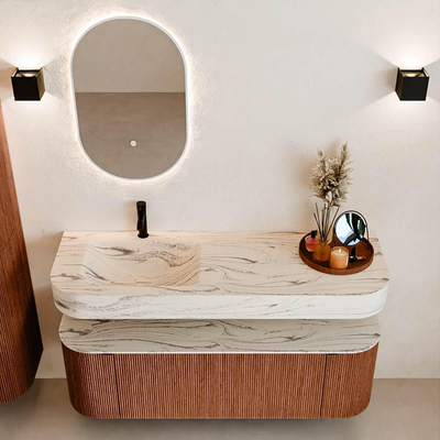 MONDIAZ THOR-DLUX 140cm meuble de salle de bains arrondi gauche + droite couleur Ruby avec 1 tiroir et 2 portes. Vasque suspendue CLOUD gauche 1 trou de robinet couleur Nata.