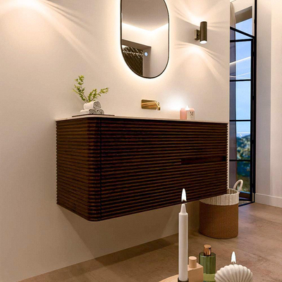 Mondiaz CIRO-DLUX Badkamermeubelset - 110x45x50cm - Solid surface wastafel Meli - 1 wasbak Rechts - zonder kraangaten - 2 lades - Walnut