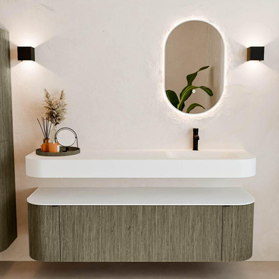 MONDIAZ THOR Meuble de salle de bains 160cm arrondi gauche + droite couleur Shadow avec 1 tiroir et 2 portes. Vasque suspendue CLOUD Droite 1 trou de robinet couleur Talc.