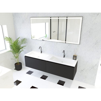 HR Matrix ensemble meuble de salle de bain 3d 160cm 2 tiroirs sans poignée avec bandeau couleur noir mat avec vasque fine 2 trous de robinetterie blanc mat