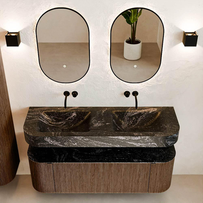 MONDIAZ THOR-DLUX 140cm meuble de salle de bains arrondi gauche + droite couleur Walnut avec 1 tiroir et 2 portes. Vasque suspendue CLOUD Double sans trou de robinet couleur Lava.